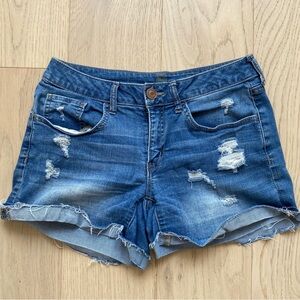Blue Distressed Jean Shorts with Cuffed Hem